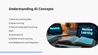 Understanding AI Concepts
1) Machine Learning (ML)
2) Deep Learning
3) Natural Language Processing
(NLP)
4) Generative AI
5) Reinforcement Learning
6) AI Deployment and Integration
 