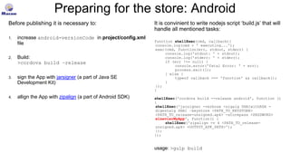 Preparing for the store: Android
Before publishing it is necessary to:
1. increase android-versionCode in project/config.xml
file
2. Build:
>cordova build –release
3. sign the App with jarsigner (a part of Java SE
Development Kit)
4. allign the App with zipalign (a part of Android SDK)
It is convinient to write nodejs script ‘build.js’ that will
handle all mentioned tasks:
function shellExec(cmd, callback){
console.log(cmd + ' executing...');
exec(cmd, function(err, stdout, stderr) {
console.log('stdout: ' + stdout);
console.log('stderr: ' + stderr);
if (err !== null) {
console.error('fatal Error: ' + err);
process.exit(1);
} else {
typeof callback === 'function' && callback();
}
});
}
shellExec('cordova build --release android', function ()
{
shellExec('jarsigner -verbose -sigalg SHA1withRSA -
digestalg SHA1 –keystore <PATH_TO_KEYSTORE>
<PATH_TO_release-unsigned.apk> -storepass <PASSWORD>
elsevierMyApp', function() {
shellExec('zipalign -v 4 <PATH_TO_release-
unsigned.apk> <OUTPUT_APK_PATH>');
});
});
usage: >gulp build
 