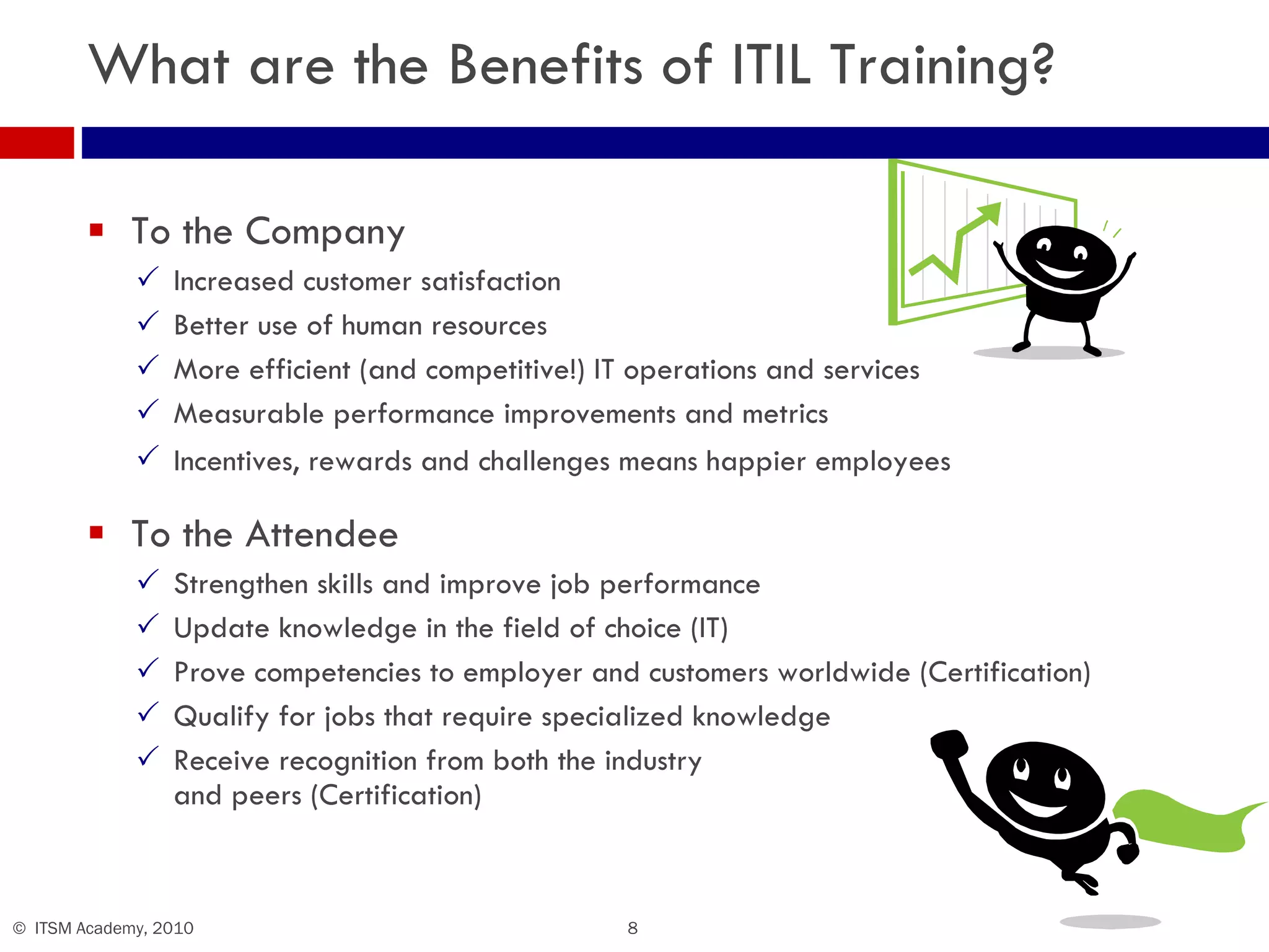 What are the Benefits of ITIL Training? To the Company Increased customer satisfaction  Better use of human resources  More efficient (and competitive!) IT operations and services Measurable performance improvements and metrics Incentives, rewards and challenges means happier employees   To the Attendee Strengthen skills and improve job performance  Update knowledge in the field of choice (IT) Prove competencies to employer and customers worldwide (Certification) Qualify for jobs that require specialized knowledge  Receive recognition from both the industry  and peers (Certification) 