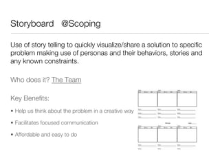 Storyboard @Scoping

Use of story telling to quickly visualize/share a solution to speciﬁc
problem making use of personas and their behaviors, stories and
any known constraints.

Who does it? The Team

Key Beneﬁts:
•  Help us think about the problem in a creative way

•  Facilitates focused communication 

•  Affordable and easy to do 


 
