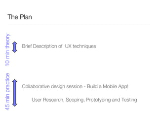 The Plan
                                      
45 min practice
 10 min theory



                                  




                                      Brief Description of UX techniques

                                  

                                  

                                      Collaborative design session - Build a Mobile App!

                                          
User Research, Scoping, Prototyping and Testing
 