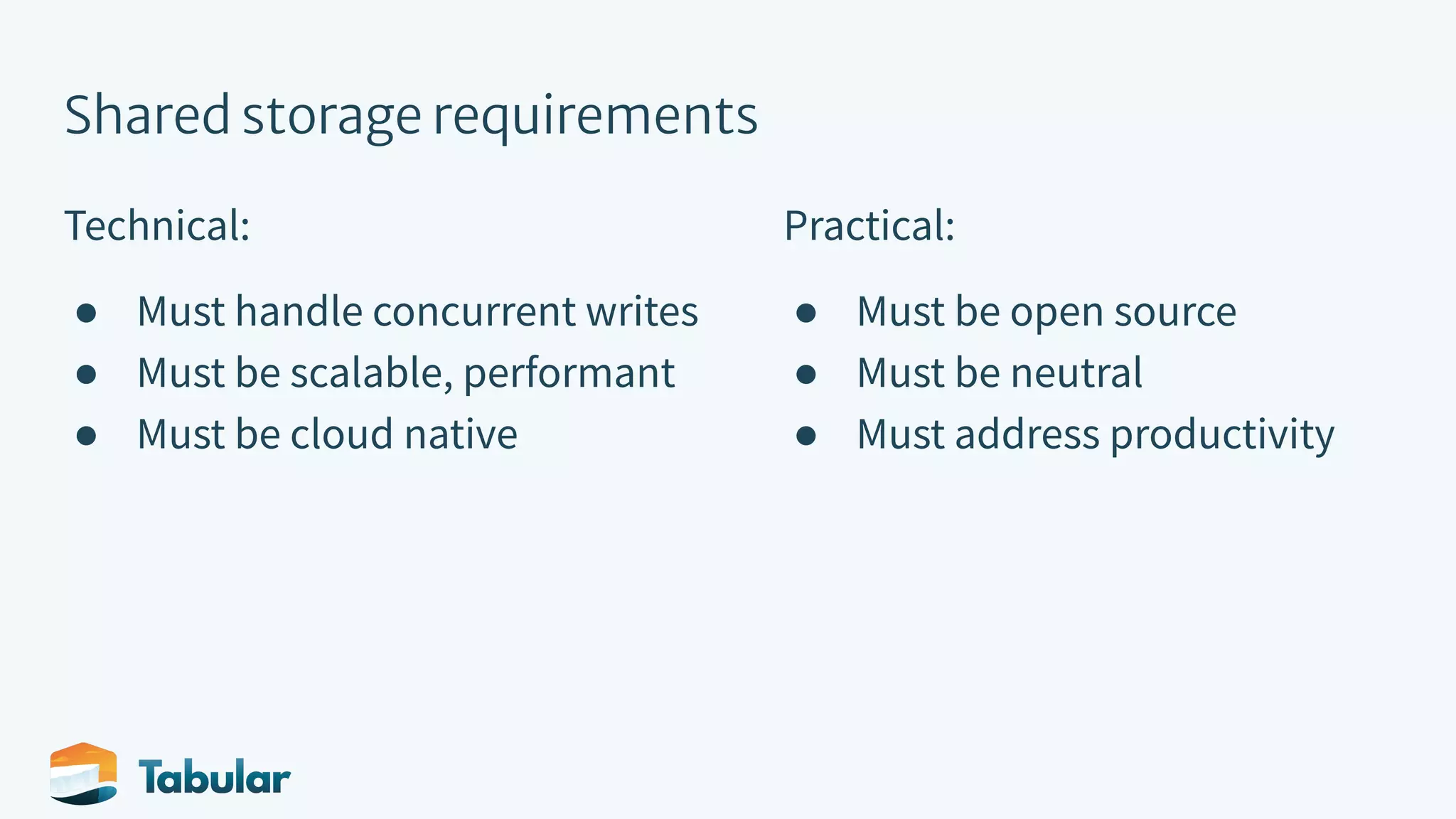 Shared storage requirements Technical: ● Must handle concurrent writes ● Must be scalable, performant ● Must be cloud native Practical: ● Must be open source ● Must be neutral ● Must address productivity 