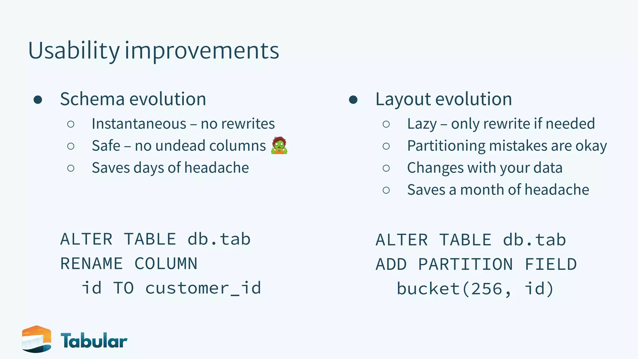 Usability improvements ● Schema evolution ○ Instantaneous – no rewrites ○ Safe – no undead columns 🧟 ○ Saves days of headache ALTER TABLE db.tab RENAME COLUMN id TO customer_id ● Layout evolution ○ Lazy – only rewrite if needed ○ Partitioning mistakes are okay ○ Changes with your data ○ Saves a month of headache ALTER TABLE db.tab ADD PARTITION FIELD bucket(256, id) 