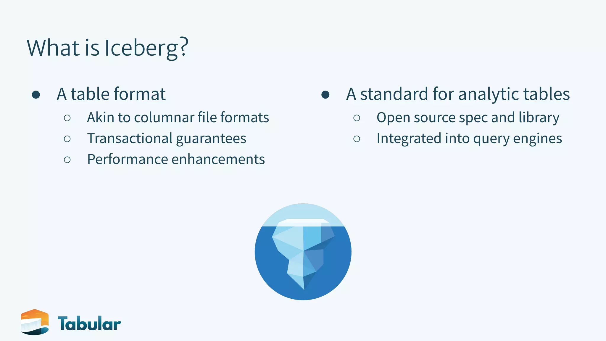 What is Iceberg? ● A table format ○ Akin to columnar file formats ○ Transactional guarantees ○ Performance enhancements ● A standard for analytic tables ○ Open source spec and library ○ Integrated into query engines 