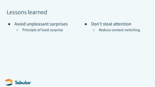 Lessons learned
● Avoid unpleasant surprises
○ Principle of least surprise
● Donʼt steal attention
○ Reduce context switching
 