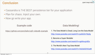 Conclusion
36
• Cassandra is THE BEST persistence tier for your application
• Plan for chaos. Inject your own.
• Now go wr...
