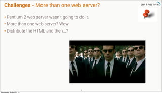 Challenges - More than one web server?
• Pentium 2 web server wasn’t going to do it.
• More than one web server? Wow
• Dis...