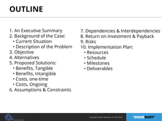 OUTLINE 
Copyright © Casher Associates, Inc. 2013-2014 
1. An Executive Summary 
2. Background of the Case: 
• Current Situation 
• Description of the Problem 
3. Objective 
4. Alternatives 
5. Proposed Solutions: 
• Benefits, Tangible 
• Benefits, Intangible 
• Costs, one-time 
• Costs, Ongoing 
6. Assumptions & Constraints 
7. Dependencies & Interdependencies 
8. Return on Investment & Payback 
9. Risks 
10. Implementation Plan: 
• Resources 
• Schedule 
• Milestones 
• Deliverables 
 