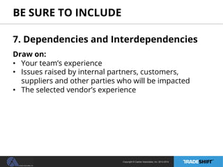 BE SURE TO INCLUDE 
7. Dependencies and Interdependencies 
Draw on: 
• Your team’s experience 
• Issues raised by internal partners, customers, 
suppliers and other parties who will be impacted 
• The selected vendor’s experience 
Copyright © Casher Associates, Inc. 2013-2014 
 