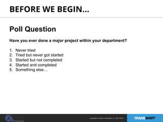 BEFORE WE BEGIN… 
Poll Question 
Have you ever done a major project within your department? 
1. Never tried 
2. Tried but never got started 
3. Started but not completed 
4. Started and completed 
5. Something else… 
Copyright © Casher Associates, Inc. 2013-2014 
 