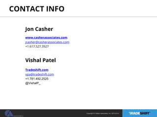 CONTACT INFO 
Copyright © Casher Associates, Inc. 2013-2014 
Jon Casher 
www.casherassociates.com 
jcasher@casherassociates.com 
+1.617.527.3927 
Vishal Patel 
Tradeshift.com 
vpa@tradeshift.com 
+1.781.492.2525 
@VishalP_ 
 