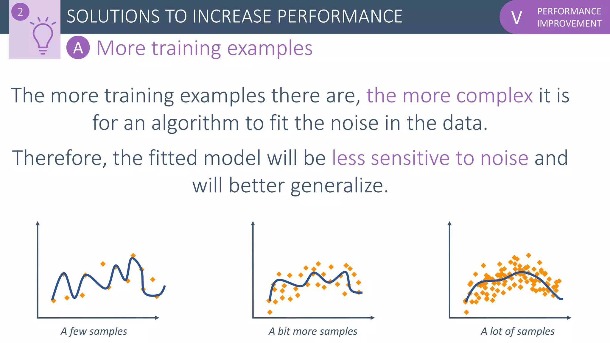 PERFORMANCE
IMPROVEMENTVSOLUTIONS TO INCREASE PERFORMANCE
The more training examples there are, the more complex it is
for an algorithm to fit the noise in the data.
Therefore, the fitted model will be less sensitive to noise and
will better generalize.
2
A More training examples
A few samples A bit more samples A lot of samples
 