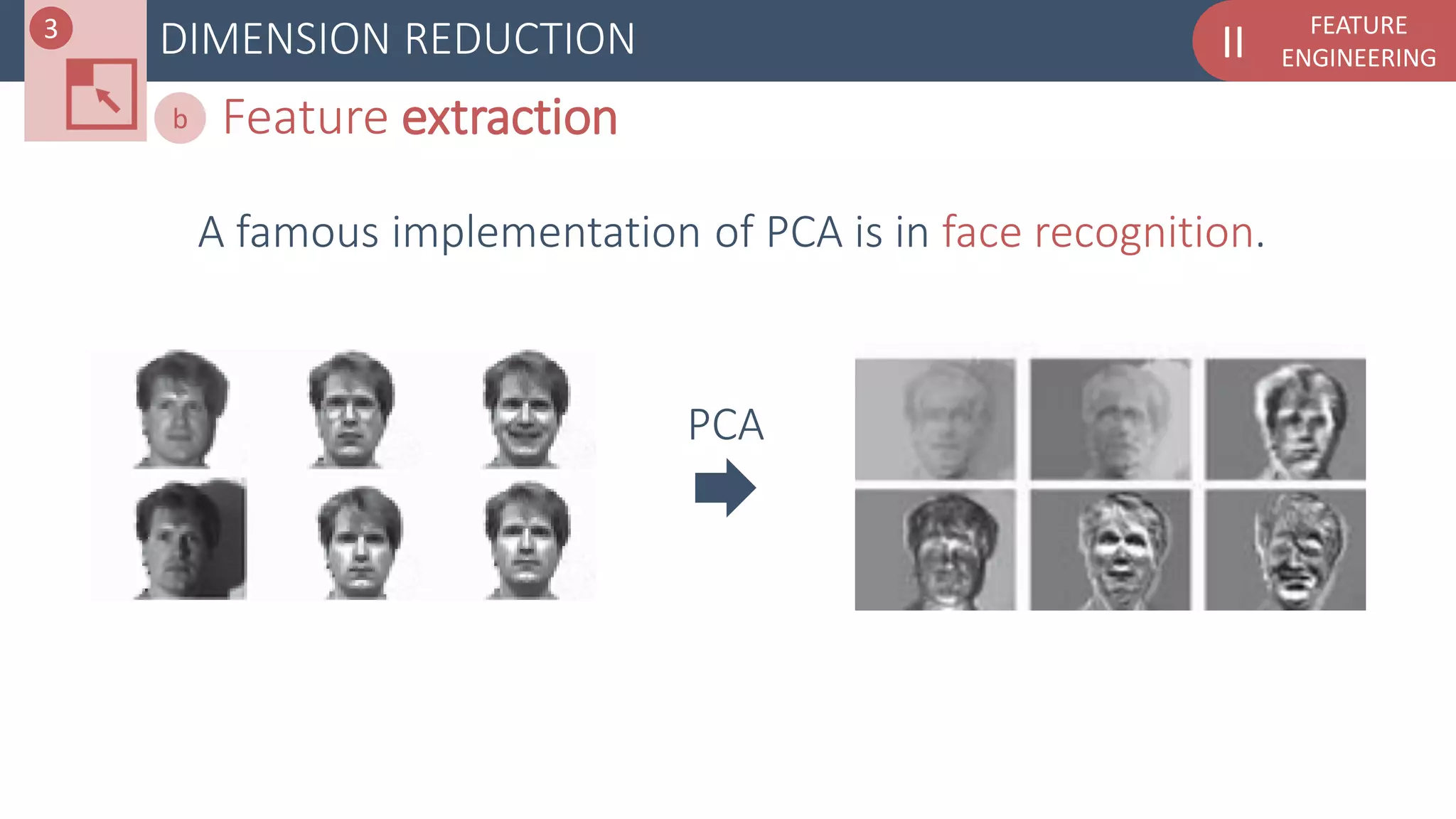 FEATURE
ENGINEERINGIIDIMENSION REDUCTION
Feature extractionb
A famous implementation of PCA is in face recognition.
3
PCA
 