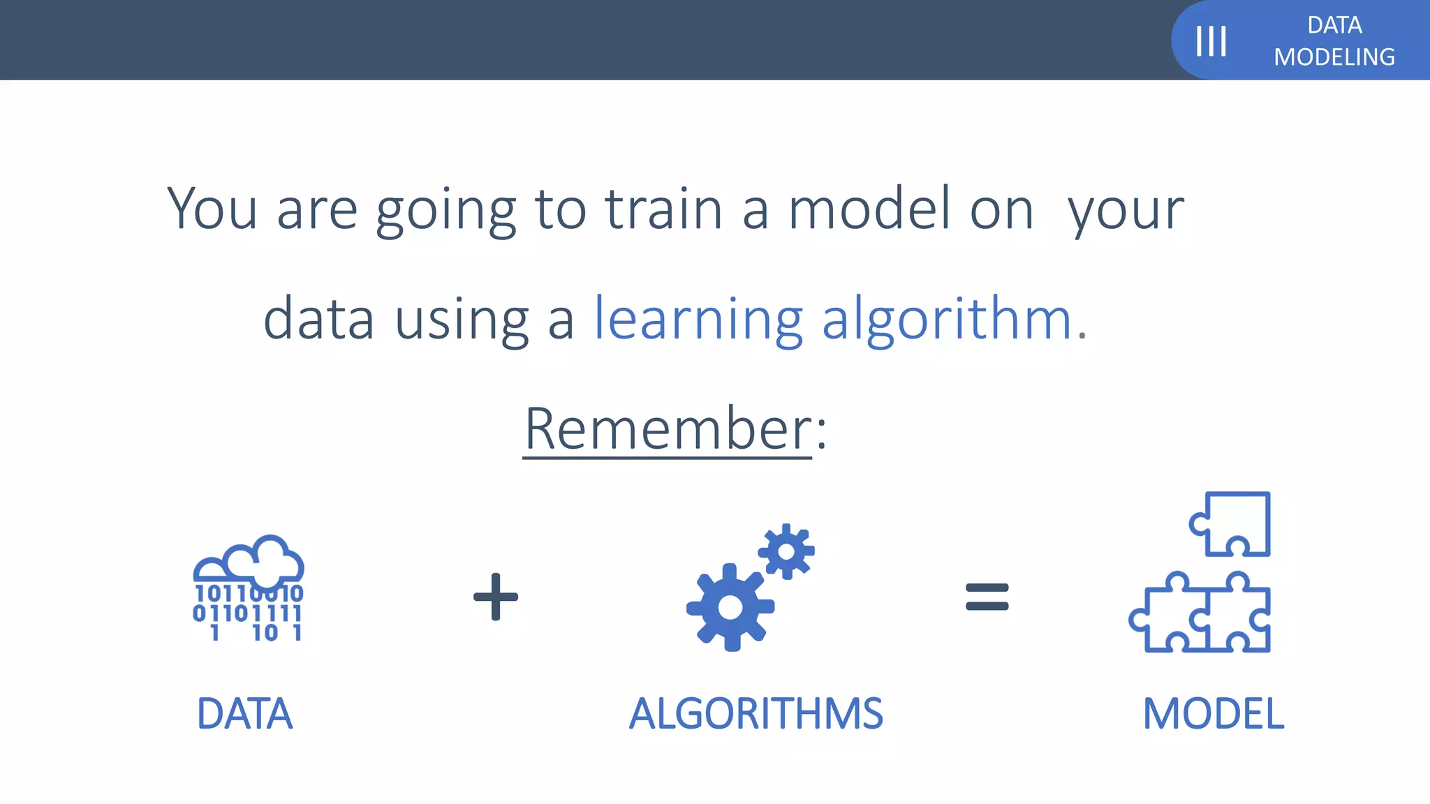DATA
MODELINGIII
You are going to train a model on your
data using a learning algorithm.
Remember:
+ =
DATA ALGORITHMS MODEL
 