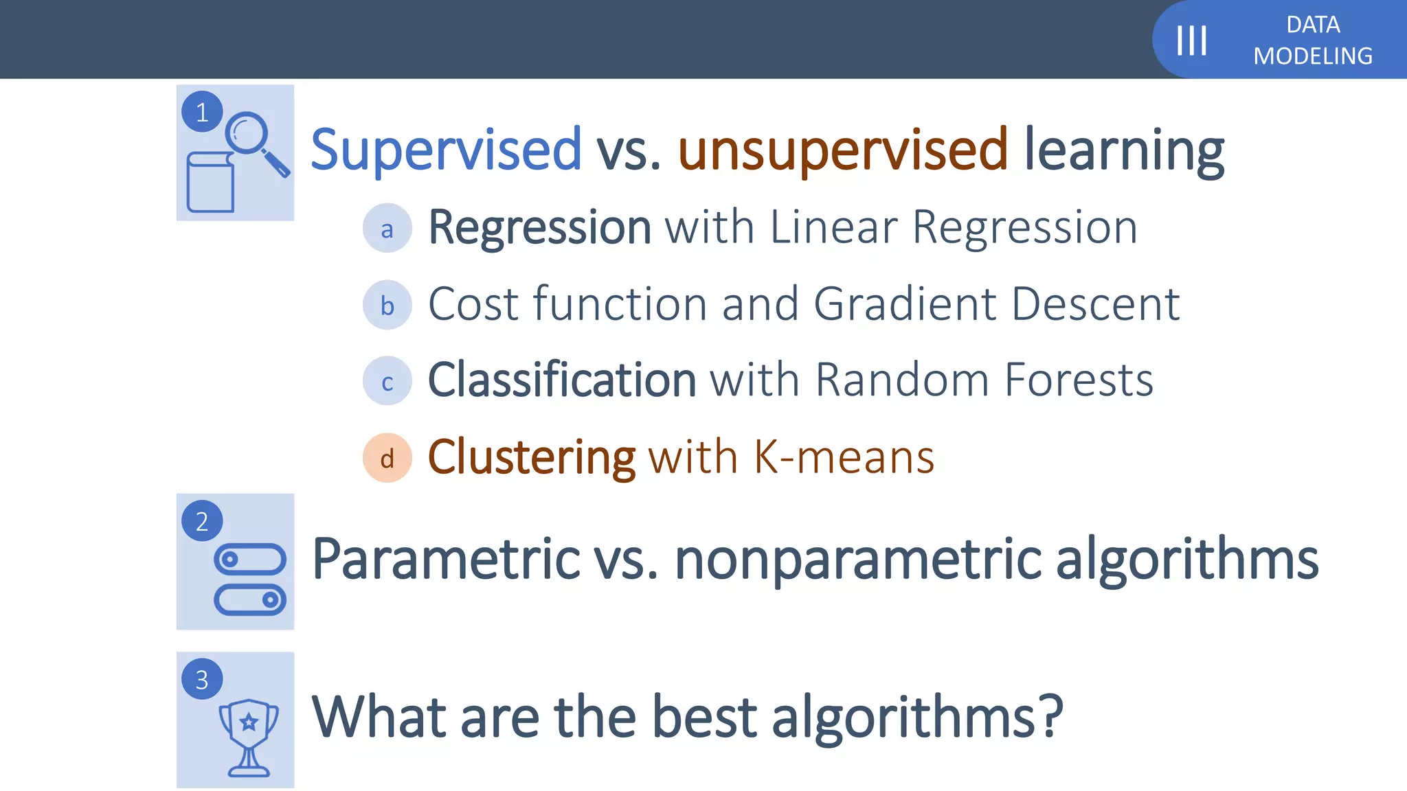 DATA
MODELINGIII
Supervised vs. unsupervised learning
1
Regression with Linear Regressiona
Classification with Random Forestsc
Clustering with K-meansd
Parametric vs. nonparametric algorithms
2
What are the best algorithms?
3
Cost function and Gradient Descentb
 