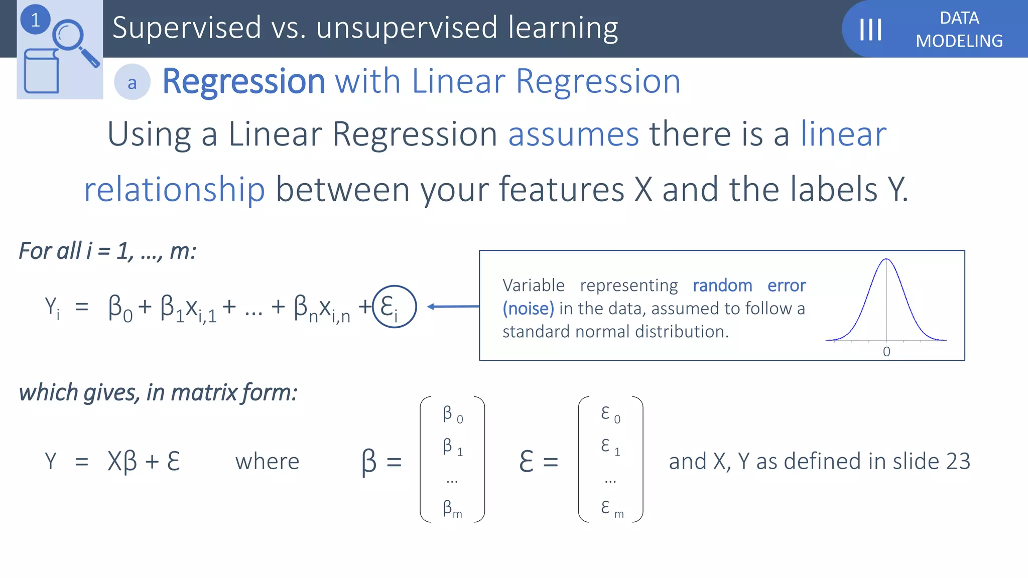 DATA
MODELINGIIISupervised vs. unsupervised learning1
Regression with Linear Regressiona
Using a Linear Regression assumes there is a linear
relationship between your features X and the labels Y.
=Yi
For all i = 1, …, m:
β0 + β1xi,1 + … + βnxi,n + Ɛi
which gives, in matrix form:
=Y Xβ + Ɛ β =
β 0
βm
β 1
…
where Ɛ =
Ɛ 0
Ɛ m
Ɛ 1
…
and X, Y as defined in slide 23
Variable representing random error
(noise) in the data, assumed to follow a
standard normal distribution.
0
 