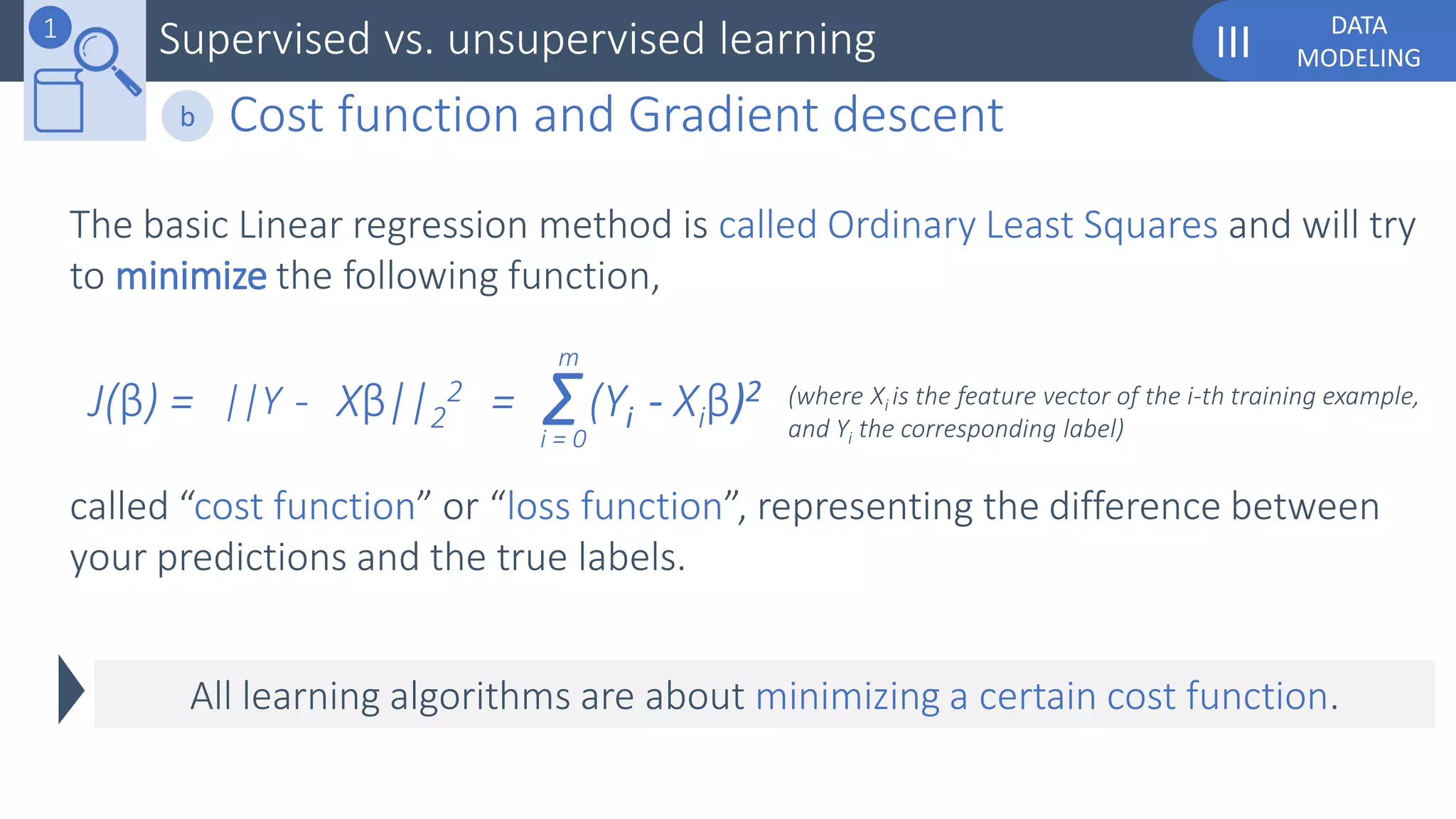 DATA
MODELINGIIISupervised vs. unsupervised learning1
The basic Linear regression method is called Ordinary Least Squares and will try
to minimize the following function,
called “cost function” or “loss function”, representing the difference between
your predictions and the true labels.
||Y Xβ||2
2- = Σ(Yi - Xiβ)2J(β) =
i = 0
m
All learning algorithms are about minimizing a certain cost function.
(where Xi is the feature vector of the i-th training example,
and Yi the corresponding label)
Cost function and Gradient descentb
 