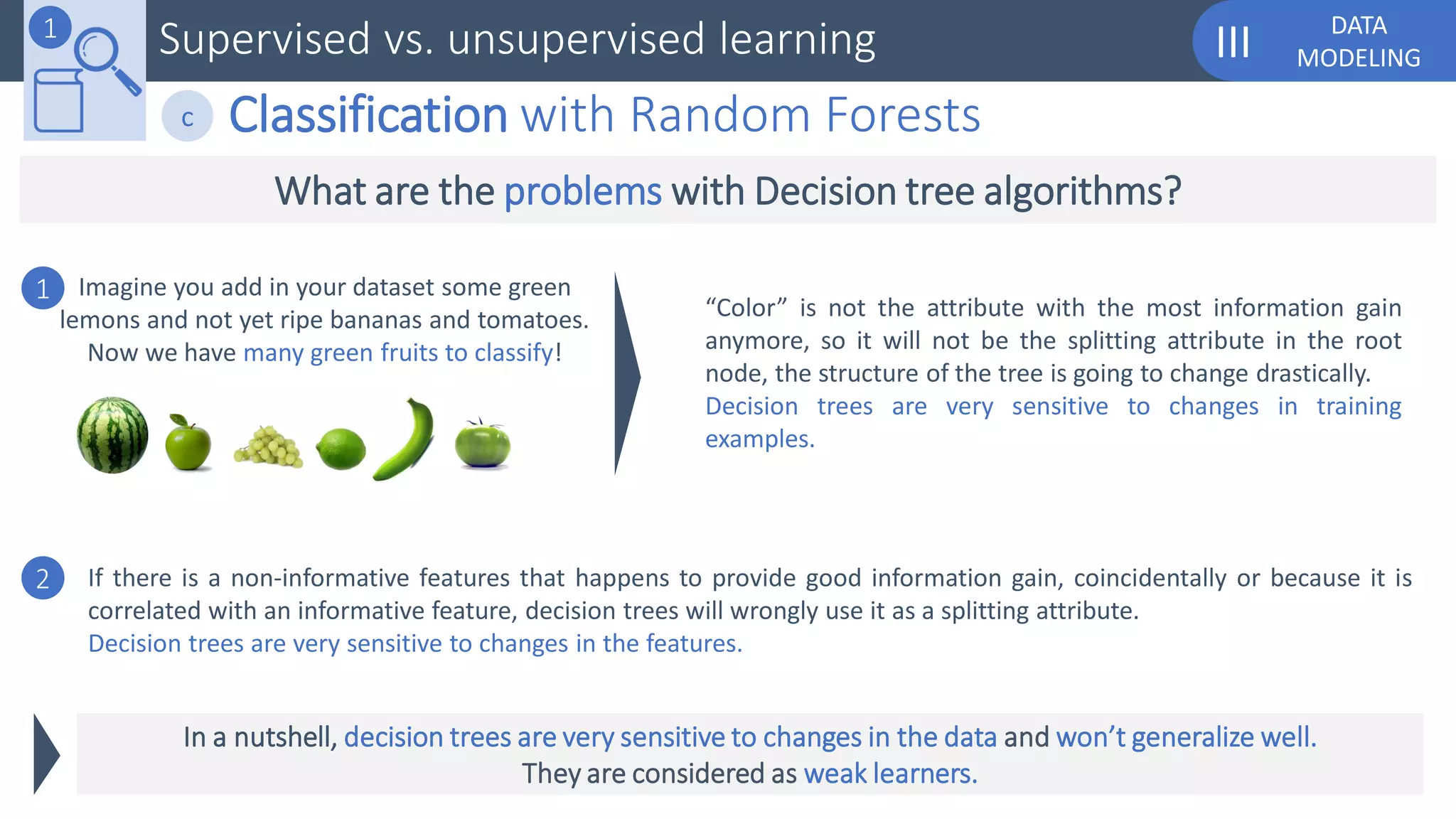 DATA
MODELINGIIISupervised vs. unsupervised learning1
Classification with Random Forestsc
What are the problems with Decision tree algorithms?
Imagine you add in your dataset some green
lemons and not yet ripe bananas and tomatoes.
Now we have many green fruits to classify!
“Color” is not the attribute with the most information gain
anymore, so it will not be the splitting attribute in the root
node, the structure of the tree is going to change drastically.
Decision trees are very sensitive to changes in training
examples.
1
If there is a non-informative features that happens to provide good information gain, coincidentally or because it is
correlated with an informative feature, decision trees will wrongly use it as a splitting attribute.
Decision trees are very sensitive to changes in the features.
2
In a nutshell, decision trees are very sensitive to changes in the data and won’t generalize well.
They are considered as weak learners.
 