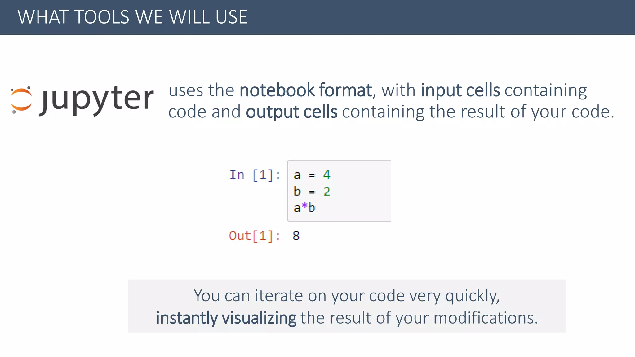 WHAT TOOLS WE WILL USE
uses the notebook format, with input cells containing
code and output cells containing the result of your code.
You can iterate on your code very quickly,
instantly visualizing the result of your modifications.
 