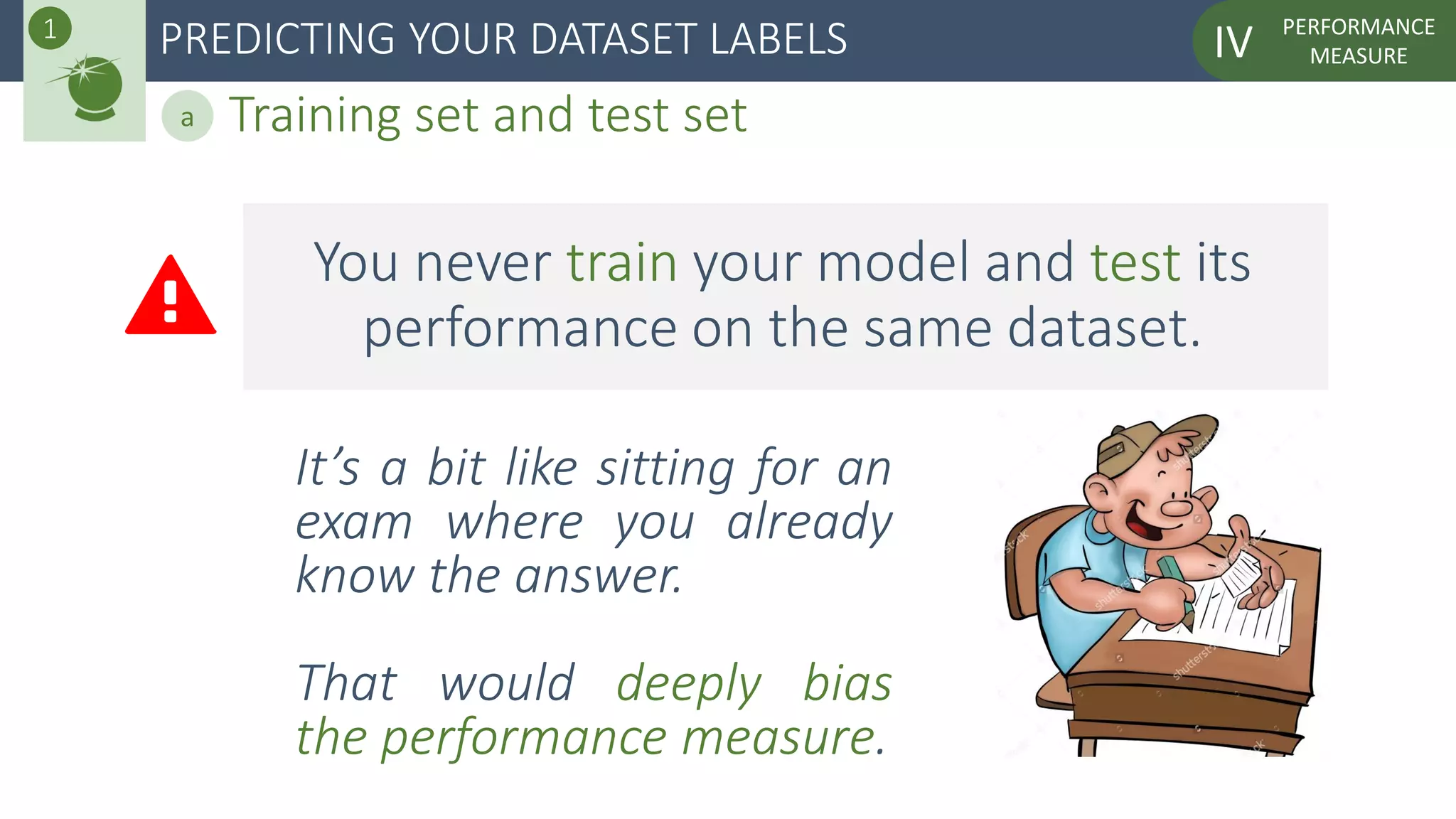PERFORMANCE
MEASUREIV
You never train your model and test its
performance on the same dataset.
It’s a bit like sitting for an
exam where you already
know the answer.
That would deeply bias
the performance measure.
PREDICTING YOUR DATASET LABELS1
Training set and test seta
 