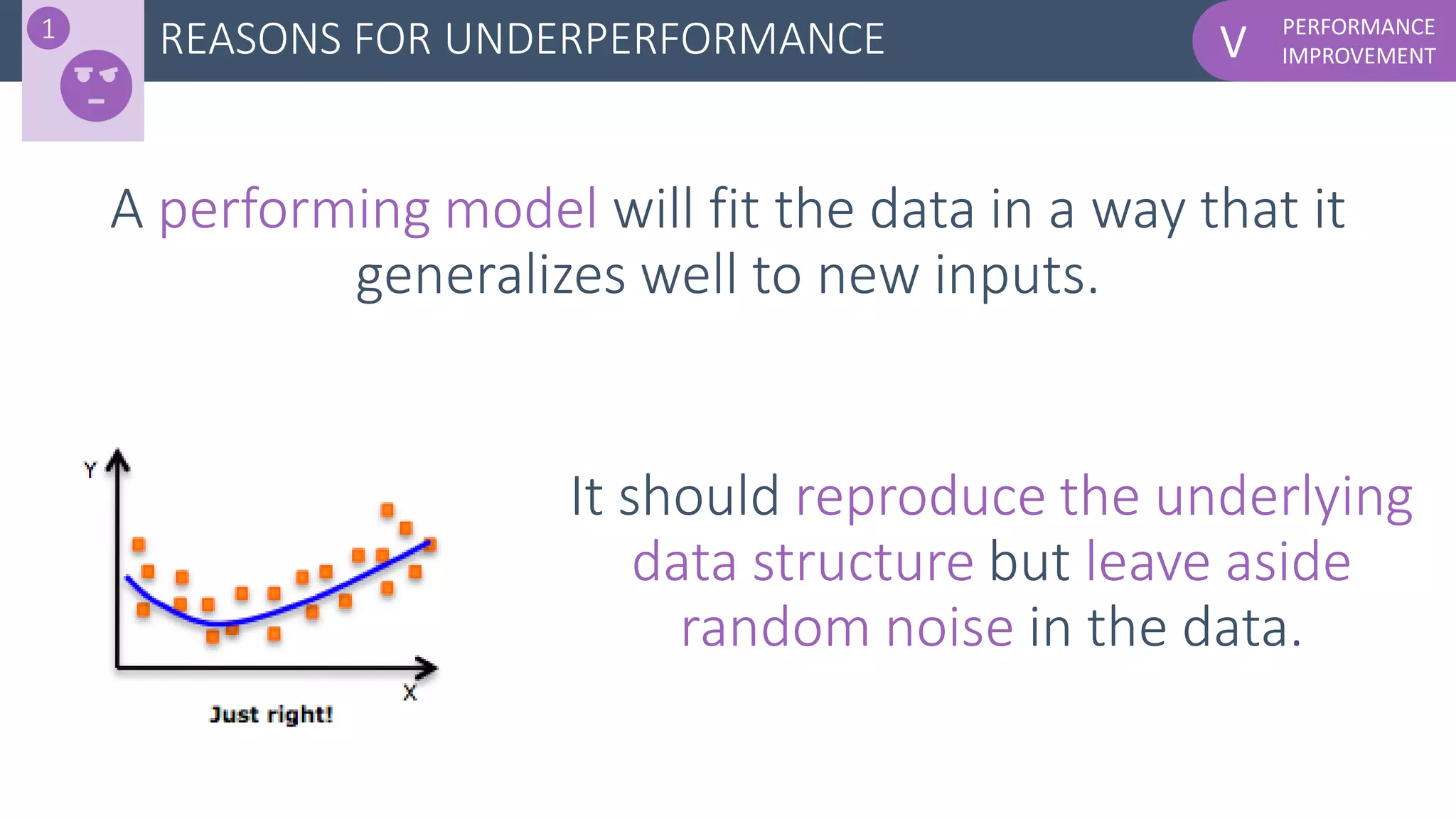 PERFORMANCE
IMPROVEMENTV
It should reproduce the underlying
data structure but leave aside
random noise in the data.
A performing model will fit the data in a way that it
generalizes well to new inputs.
REASONS FOR UNDERPERFORMANCE1
 