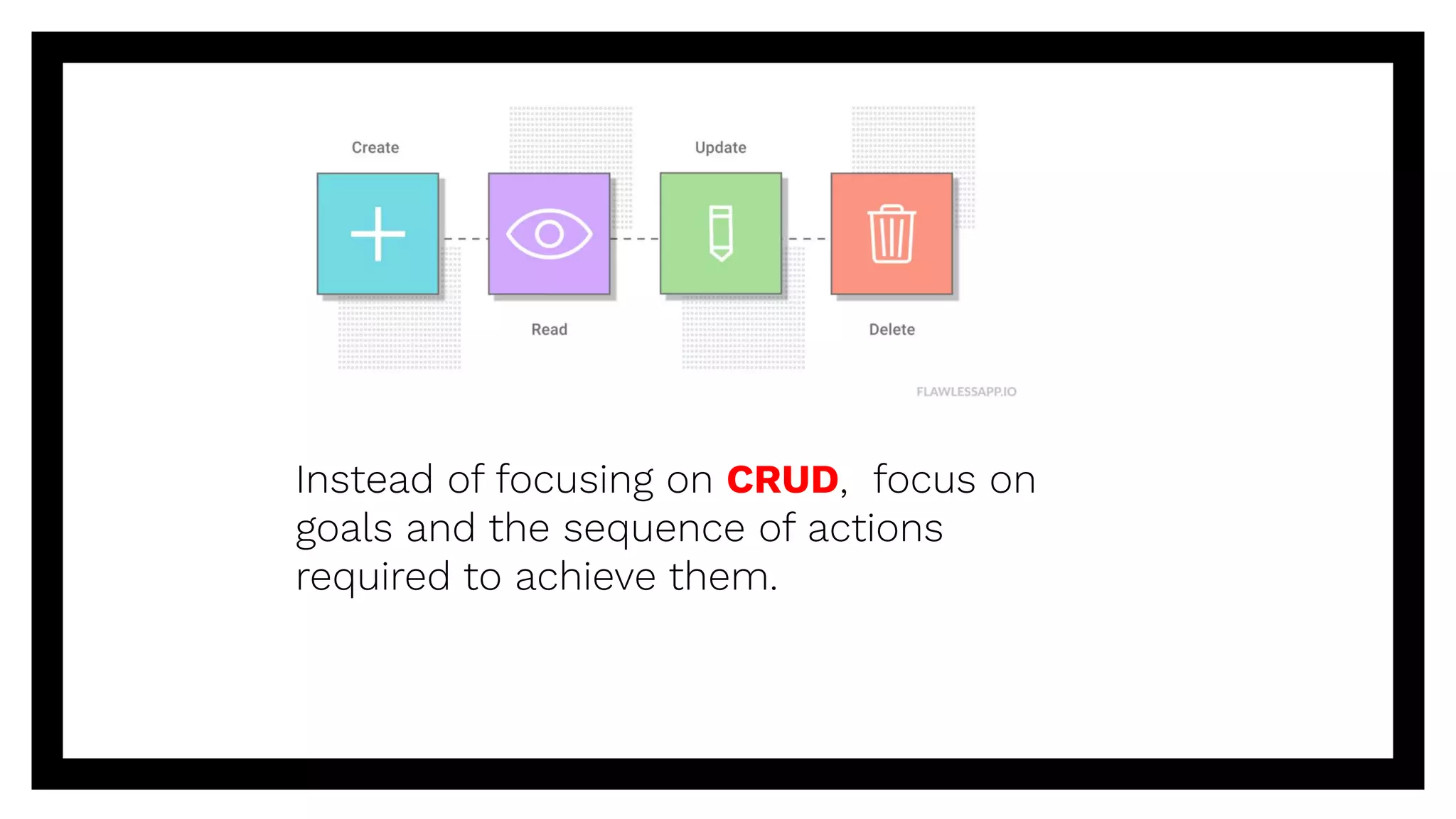 Instead of focusing on CRUD, focus on
goals and the sequence of actions
required to achieve them.
 