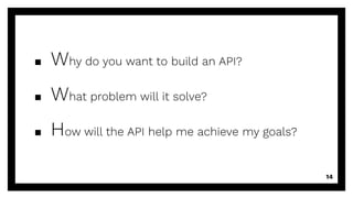 ▪ Why do you want to build an API?
▪ What problem will it solve?
▪ How will the API help me achieve my goals?
14
 