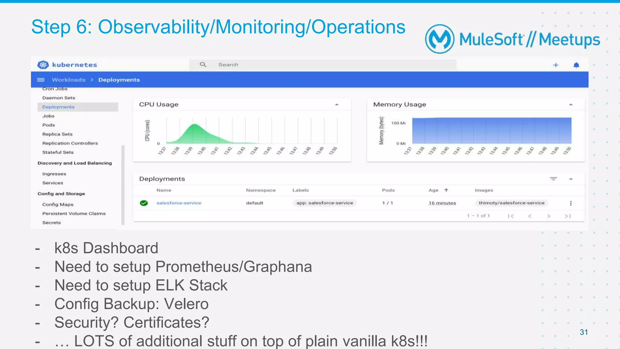 31
- k8s Dashboard
- Need to setup Prometheus/Graphana
- Need to setup ELK Stack
- Config Backup: Velero
- Security? Certificates?
- … LOTS of additional stuff on top of plain vanilla k8s!!!
Step 6: Observability/Monitoring/Operations
 