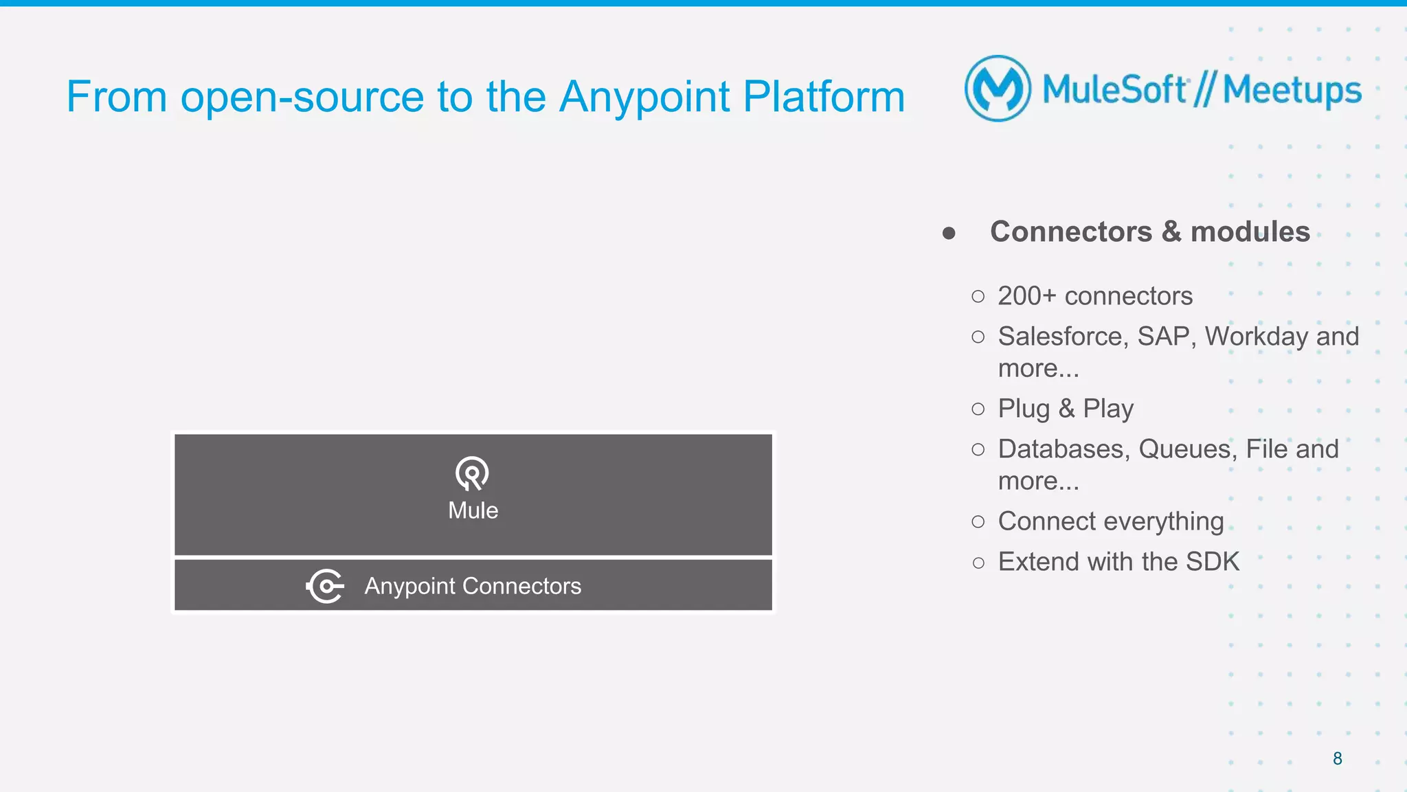 8
From open-source to the Anypoint Platform
● Connectors & modules
○ 200+ connectors
○ Salesforce, SAP, Workday and
more...
○ Plug & Play
○ Databases, Queues, File and
more...
○ Connect everything
○ Extend with the SDK
Mule
Anypoint Connectors
 