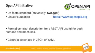 Pedro J. Molina · Building APIs with OpenAPI · @pmolinam
OpenAPI Initiative
 De facto standard (previously: Swagger)
 Linux Foundation https://www.openapis.org
 Formal contract description for a REST API useful for both
humans and machines.
 Contract described in JSON or YAML
 