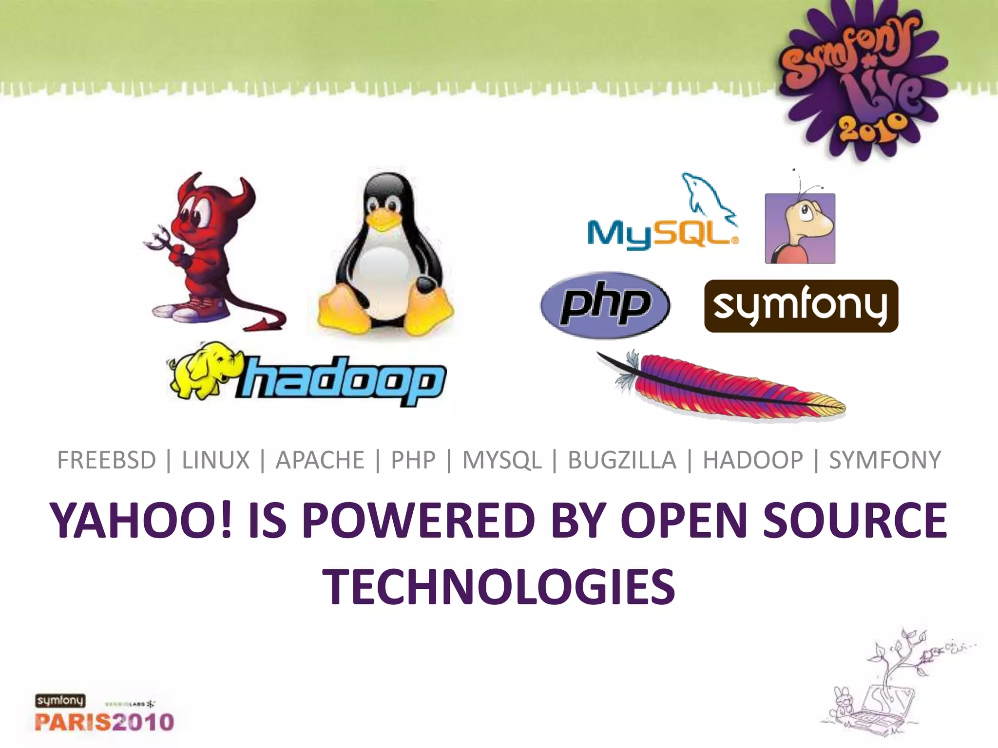 Freebsd | linux | apache | php | mysql | BUGZILLA | hadoop | symfonyYahoo! Is powered by open source technologies