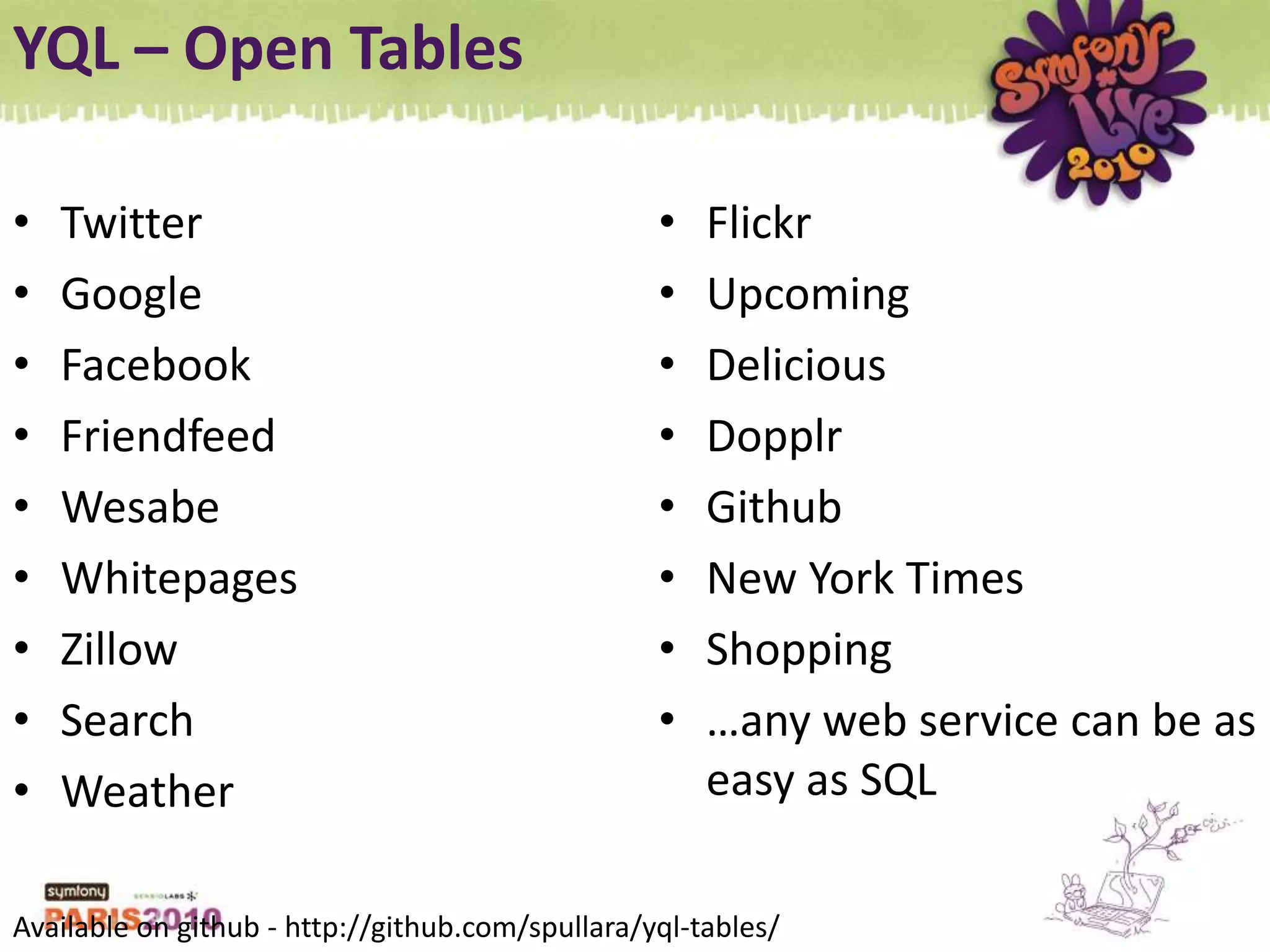 What is Yahoo! Developer Network?The Yahoo! Developer Network offers open source tools and open data APIs to make it easy for developers to build applications and mashups.50+ APIs / Web ServicesDeveloper Dashboard to create/manage Oauth applicationsTutorials + Code Samples on using our apisComplete API DocumentationYahoo! User Interface librariesASTRA Flash ComponentsDesign Patterns LibraryEvangelism: Conferences / Theater / Blogs / Events