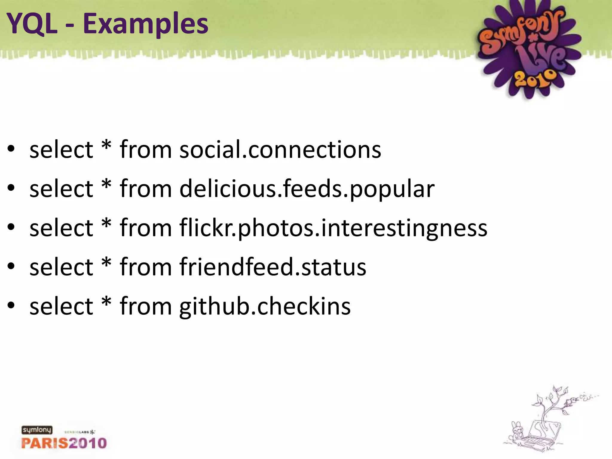 More than 275 functional exampleshttp://developer.yahoo.com/yui/examples/YSlow + Performance Ruleshttp://developer.yahoo.com/performanceYUI Bloghttp://yuiblog.com/Mailing List @ Yahoo! Groupshttp://tech.groups.yahoo.com/group/ydn-javascript/Y! Developer Network – Documentation