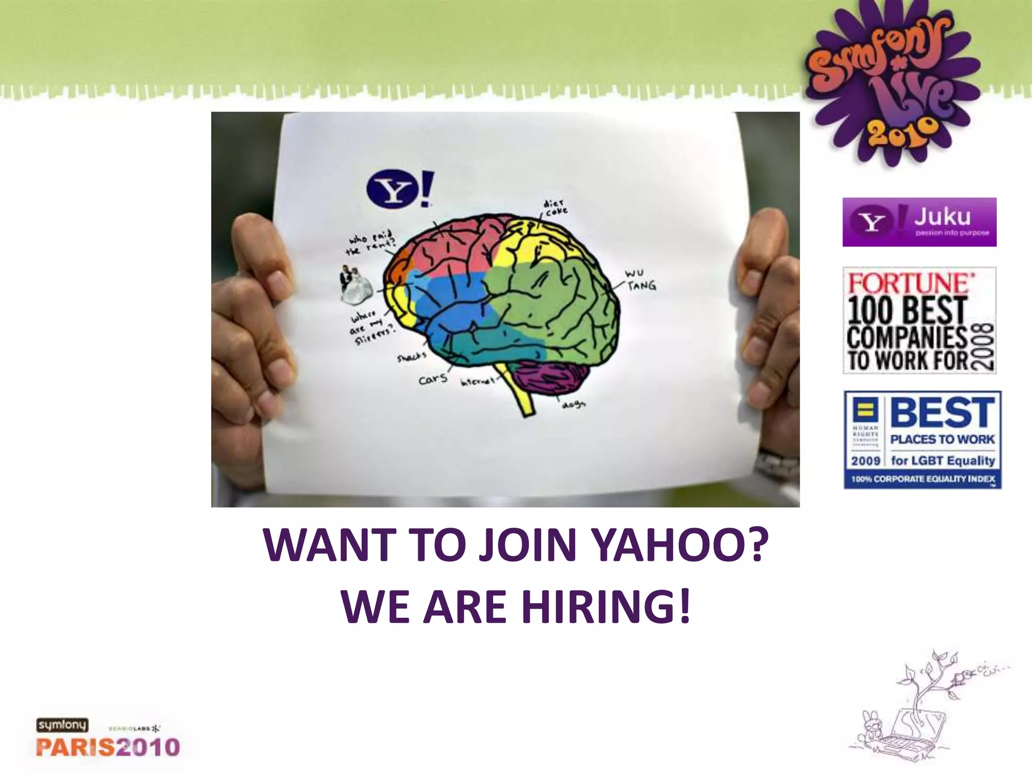 YQL – Open TablesTwitterGoogleFacebookFriendfeedWesabeWhitepagesZillowSearchWeatherFlickrUpcomingDeliciousDopplrGithubNew York TimesShopping…any web service can be as easy as SQLAvailable on github - http://github.com/spullara/yql-tables/