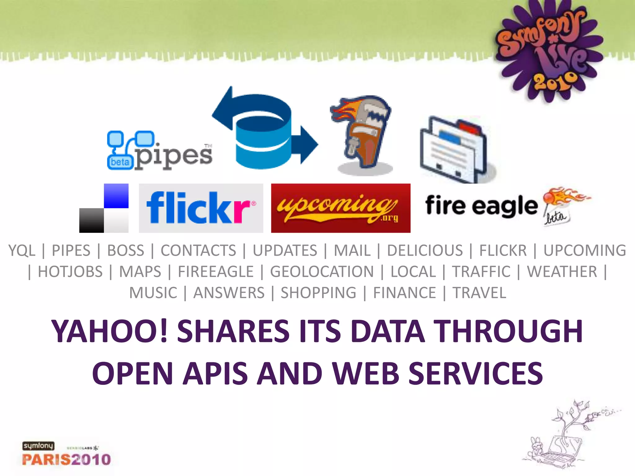 YQL | PIPES | BOSS | CONTACTS | UPDATES | MAIL | DELICIOUS | FLICKR | UPCOMING | HOTJOBS | MAPS | FIREEAGLE | GEOLOCATION | LOCAL | TRAFFIC | WEATHER | MUSIC | ANSWERS | SHOPPING | FINANCE | TRAVELYAHOO! SHARES ITS DATA THROUGH OPEN APIs AND WEB SERVICES