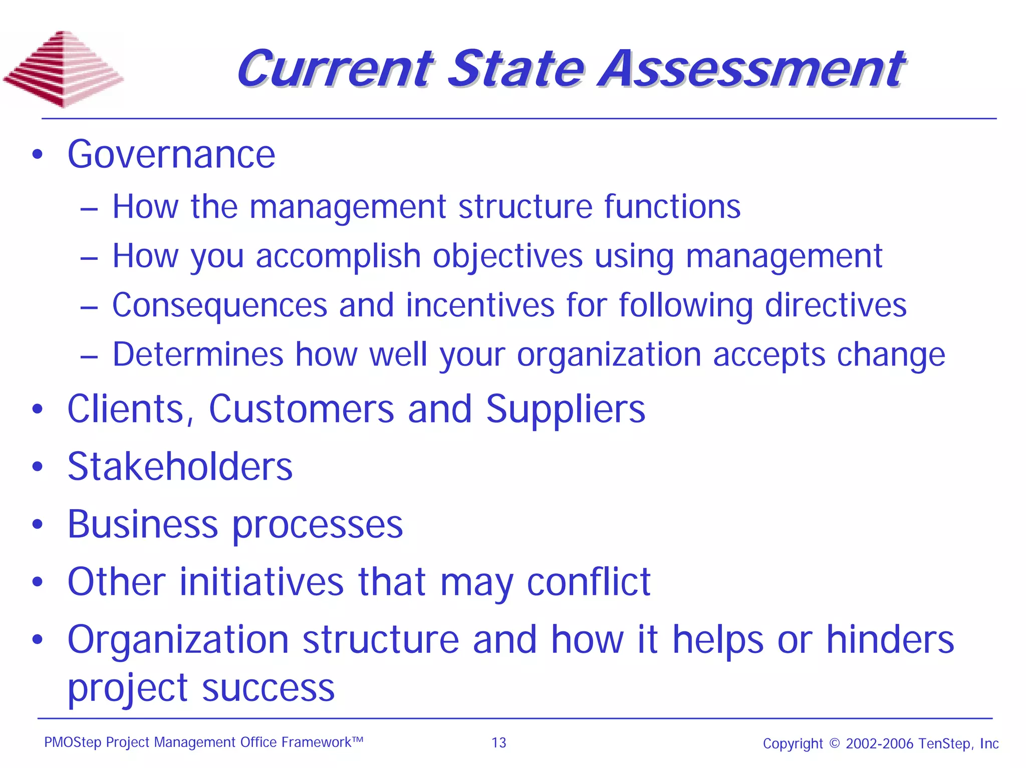 Current State Assessment
• Governance
    –    How the management structure functions
    –    How you accomplish objectives using management
    –    Consequences and incentives for following directives
    –    Determines how well your organization accepts change
•   Clients, Customers and Suppliers
•   Stakeholders
•   Business processes
•   Other initiatives that may conflict
•   Organization structure and how it helps or hinders
    project success
PMOStep Project Management Office Framework™   13   Copyright © 2002-2006 TenStep, Inc
 