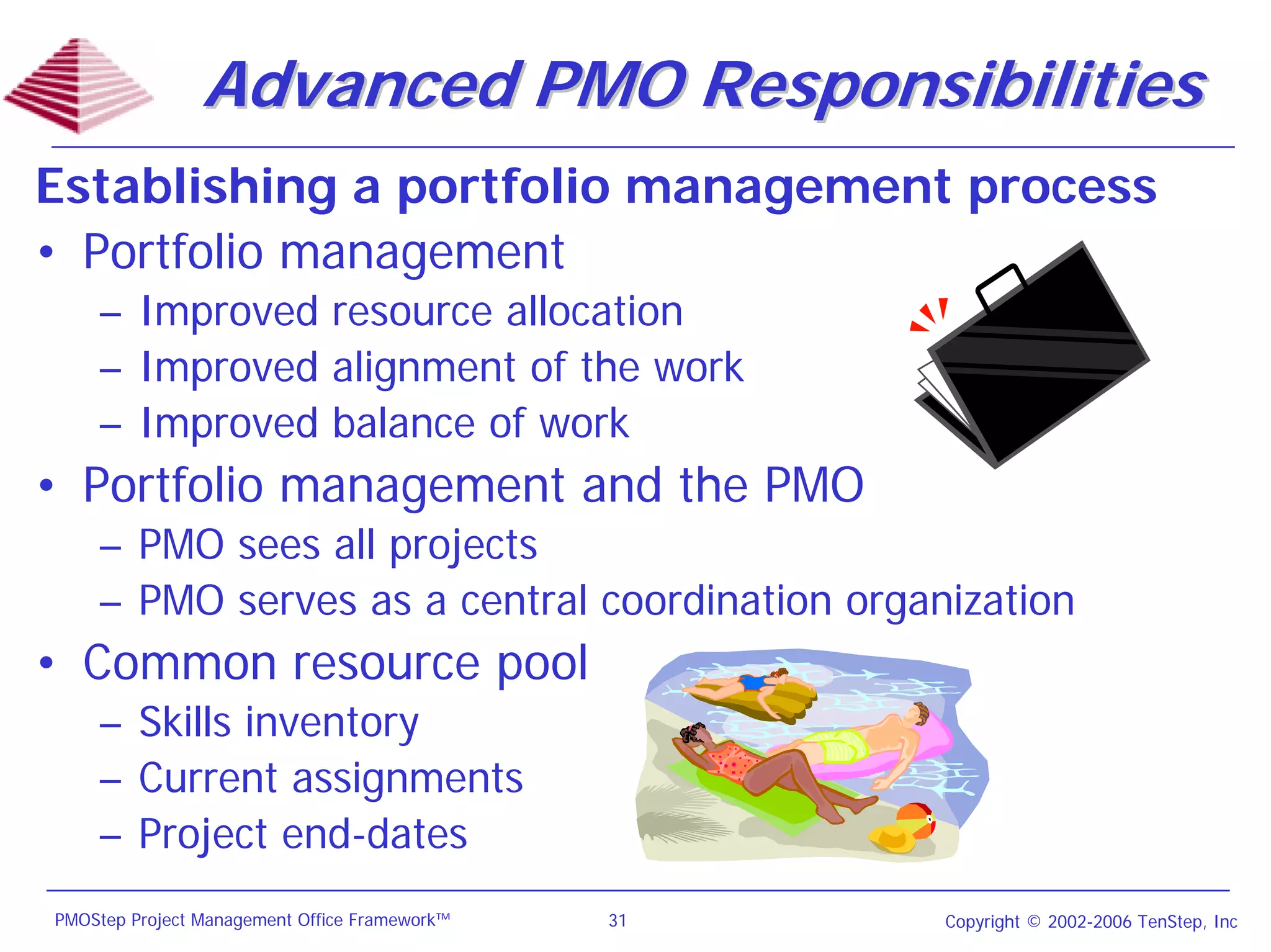 Advanced PMO Responsibilities
Establishing a portfolio management process
• Portfolio management
    – Improved resource allocation
    – Improved alignment of the work
    – Improved balance of work
• Portfolio management and the PMO
    – PMO sees all projects
    – PMO serves as a central coordination organization
• Common resource pool
    – Skills inventory
    – Current assignments
    – Project end-dates
PMOStep Project Management Office Framework™   31   Copyright © 2002-2006 TenStep, Inc
 