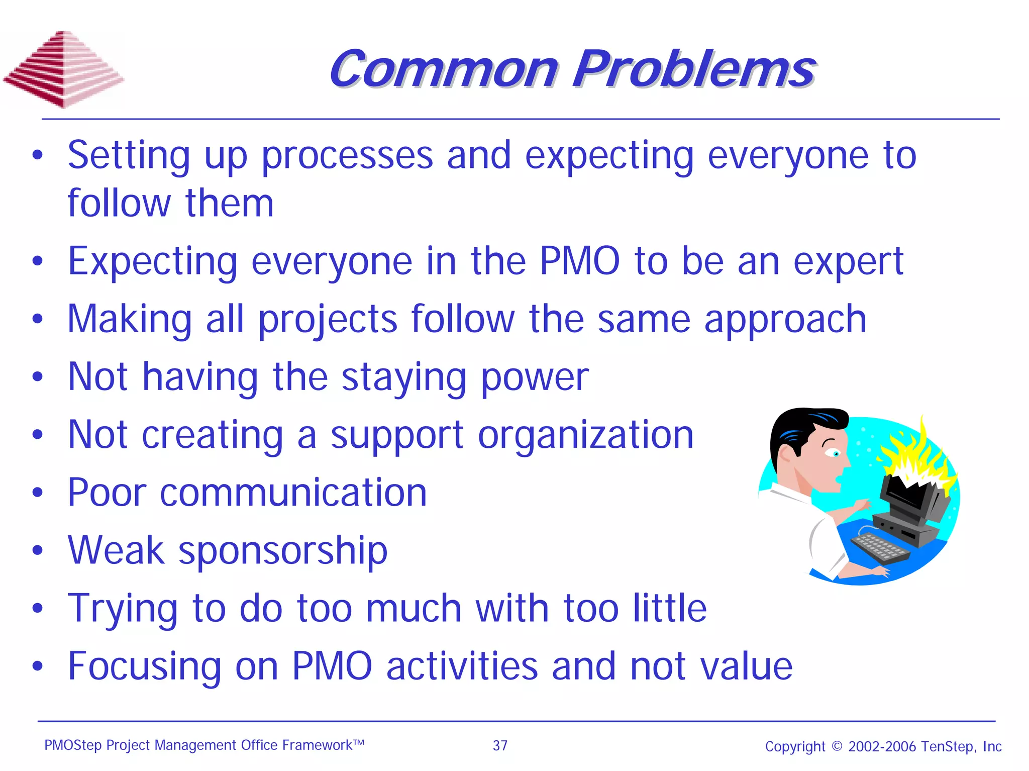 Common Problems
• Setting up processes and expecting everyone to
  follow them
• Expecting everyone in the PMO to be an expert
• Making all projects follow the same approach
• Not having the staying power
• Not creating a support organization
• Poor communication
• Weak sponsorship
• Trying to do too much with too little
• Focusing on PMO activities and not value
PMOStep Project Management Office Framework™   37   Copyright © 2002-2006 TenStep, Inc
 