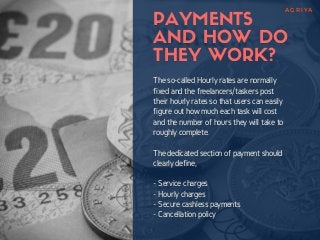 The so-called Hourly rates are normally
fixed and the freelancers/taskers post
their hourly rates so that users can easily
figure out how much each task will cost
and the number of hours they will take to
roughly complete.
The dedicated section of payment should
clearly define,
- Service charges
- Hourly charges
- Secure cashless payments
- Cancellation policy
PAYMENTS
AND HOW DO
THEY WORK?
A G R I Y A
 