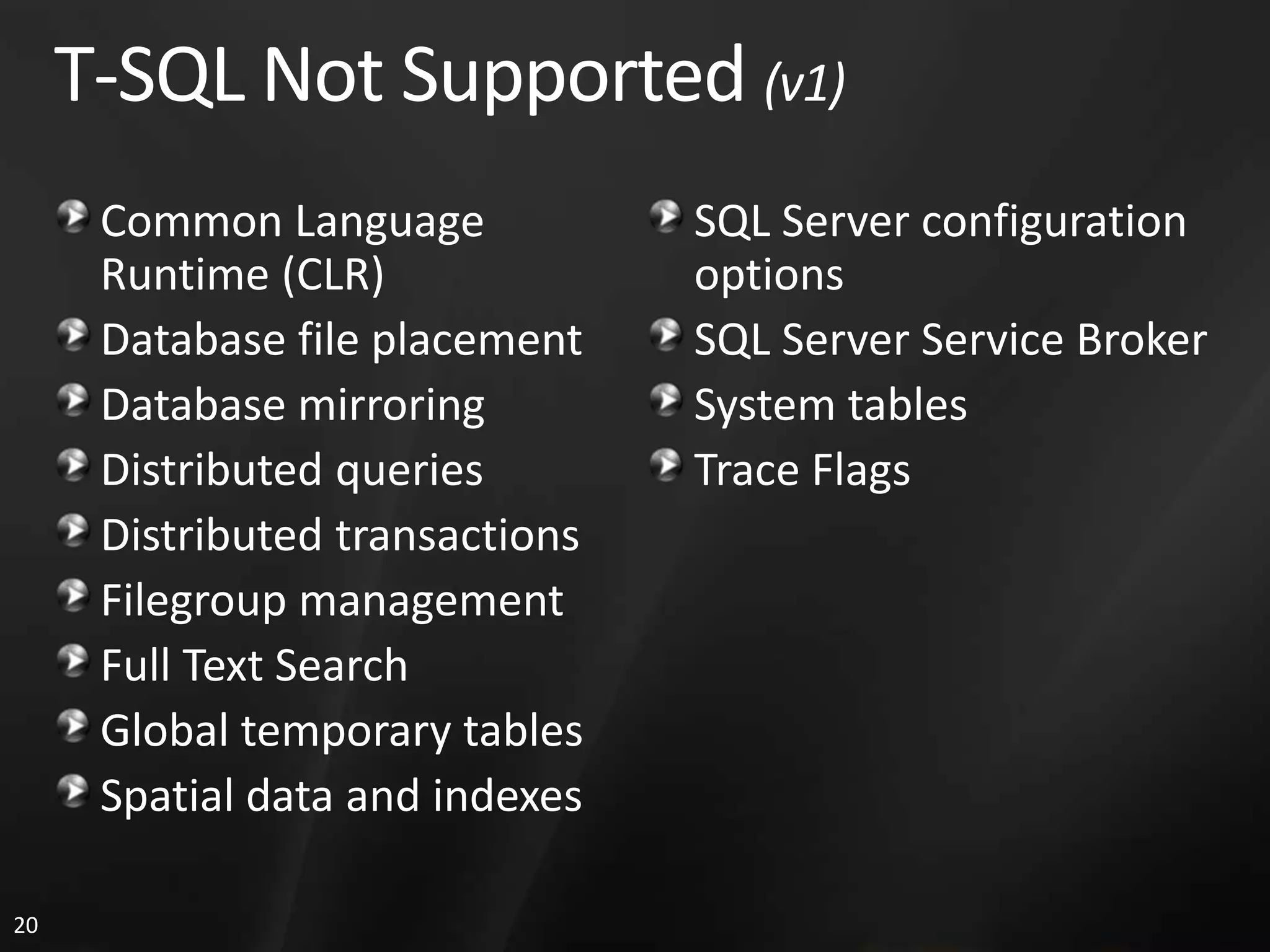 T-SQL Not Supported (v1) Common Language SQL Server configuration Runtime (CLR) options Database file placement SQL Server Service Broker Database mirroring System tables Distributed queries Trace Flags Distributed transactions Filegroup management Full Text Search Global temporary tables Spatial data and indexes 20 