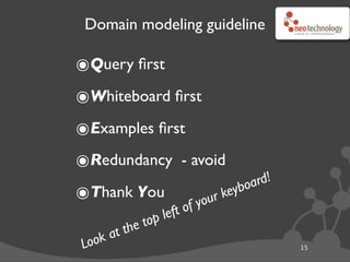 Domain modeling guideline
15
๏Query ﬁrst
๏Whiteboard ﬁrst
๏Examples ﬁrst
๏Redundancy - avoid
๏Thank You
Look at the top left of your keyboard!
 