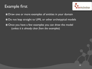Example ﬁrst
18
๏Draw one or more examples of entities in your domain
๏Do not leap straight to UML or other archetypical models
๏Once you have a few examples you can draw the model
(unless it is already clear from the examples)
 