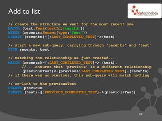 Get 5 most recently completed tests
MATCH (recents:Recent{type:"Test"}),
(recents)-[:LAST_COMPLETED_TEST]->(last)
tests=(last)-[:PREVIOUS_COMPLETED_TEST*0..5]->()
WITH tests ORDER BY length(tests) DESC LIMIT 1
RETURN extract(test IN nodes(tests) : test.testId) AS testIds
48
 
