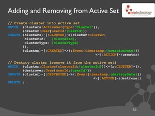 Entities and Events/Actions
51
๏Events/Actions often involve multiple parties
•Eg. the actor that caused the event, and the affected entity
๏Can include other circumstantial detail, which may be common to
multiple events
๏Examples:
•Patrick worked for Acme from 2001 to 2005 as a Software
Developer
•Sarah sent an email to Lucy, copying in David and Claire
๏In environments with concurrent updates,
events can be used to compute state
•No need to explicitly store state
Thanks to Ian Robinson
 