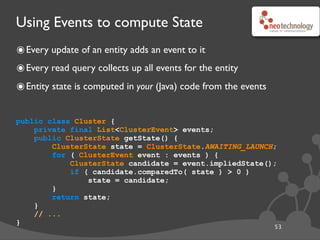 Repository pattern
54
๏Centralize your queries into one or a few places
๏Puts load logic (with translation from DB layer to App layer)
next to store logic (with the reverse transformation logic)
๏Simpliﬁes testing
•If you use Java, test with Embedded Neo4j.
Interact through Cypher (for the code under test)
Verify using the object graph API
๏Simpliﬁes model evolution - load/store & conversion encapsulated
 