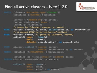 Find all active clusters - Neo4j 2.0
MATCH (clusters:ActiveSet{type:"Cluster"})
(clusters)-[:CLUSTER]->(cluster),
(server)-[?:MEMBER_OF]->(cluster),
(server)-[e]->(event:Event),
(event)-[?]->(details)
WITH cluster, server, e, event, collect(details) as eventDetails
WITH cluster, server,
collect({ type: type(e),
data: event,
details: eventDetails }) as serverEvents
WITH cluster, collect({ server: server,
events: serverEvents }) as servers
MATCH (cluster)-[?:PARAMETERS]->(parameters),
(cluster)-[e]->(event:Event)<-[:ACTION]-(actor)
RETURN cluster, serverNodeIds, parameters,
collect({ type: type(e),
data: event,
actor: actor} ) as events 59
// Group the servers (with events) for each cluster
WITH cluster, collect({ server: server,
events: serverEvents }) as servers
 
