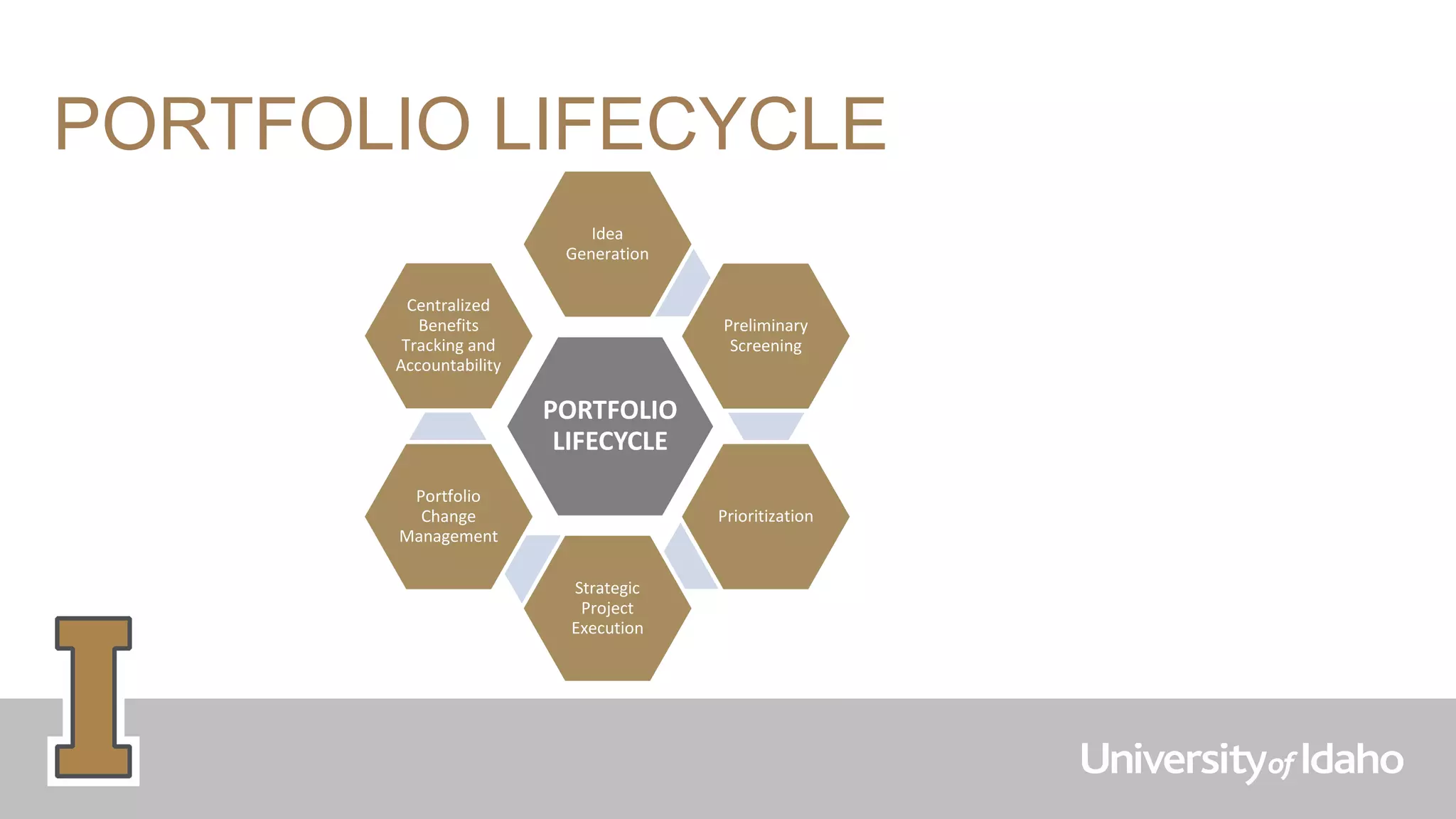 PORTFOLIO LIFECYCLE
PORTFOLIO
LIFECYCLE
Idea
Generation
Preliminary
Screening
Prioritization
Strategic
Project
Execution
Portfolio
Change
Management
Centralized
Benefits
Tracking and
Accountability
 