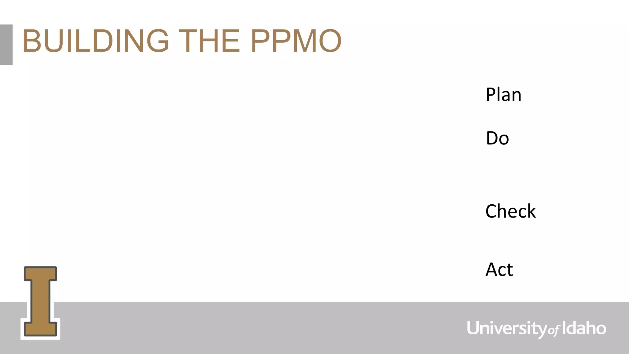 BUILDING THE PPMO
Plan
Do
Check
Act
 
