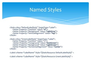 Named Styles


<Style x:Key="DefaultLabelStyle" TargetType="Label">
   <Setter Property="FontSize" Value="10"/>
   <Setter Property="Background" Value="LightGray"/>
   <Setter Property="VerticalAlignment" Value="Top"/>
</Style>
<Style x:Key=“GreenLabelStyle" TargetType="Label">
   <Setter Property="FontSize" Value="12"/>
    <Setter Property="Foreground" Value="DarkGreen"/>
   <Setter Property="Background" Value="LightGreen"/>
   <Setter Property=“HorizontalAlignment" Value=“Center"/>
</Style>
<Label x:Name=“LabelName” Style="{StaticResource DefaultLabelStyle}" >
<Label x:Name=“LabelName” Style="{StaticResource GreenLabelStyle}" >
 