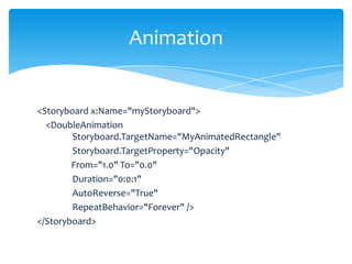 Animation


<Storyboard x:Name="myStoryboard">
  <DoubleAnimation
        Storyboard.TargetName="MyAnimatedRectangle"
        Storyboard.TargetProperty="Opacity"
        From="1.0" To="0.0"
        Duration="0:0:1"
        AutoReverse="True"
        RepeatBehavior="Forever" />
</Storyboard>
 